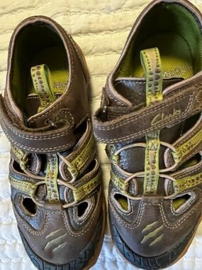 Clarks Brown Leather Sandals with Green Dinosaur Sole Motif